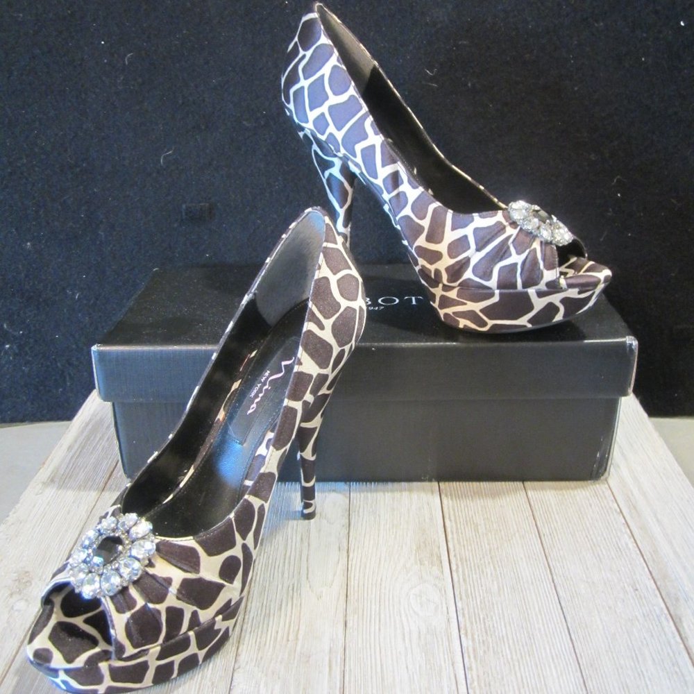 NINA - Black & White "Giraffe" Satin Fabric with Rhinestone Embellishment - Sz7